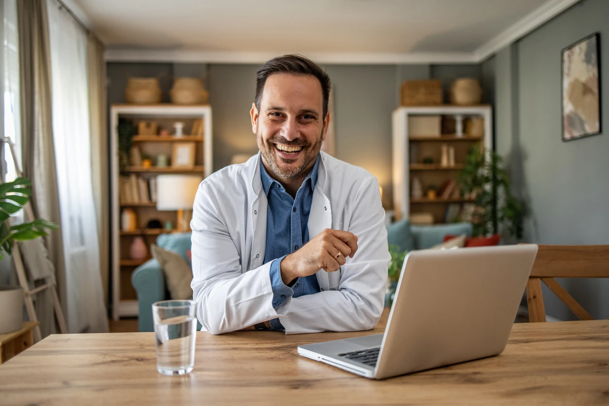 Médico sorridente em consulta online, usando jaleco branco, sentado à mesa com laptop e copo de água em ambiente acolhedor e bem decorado.